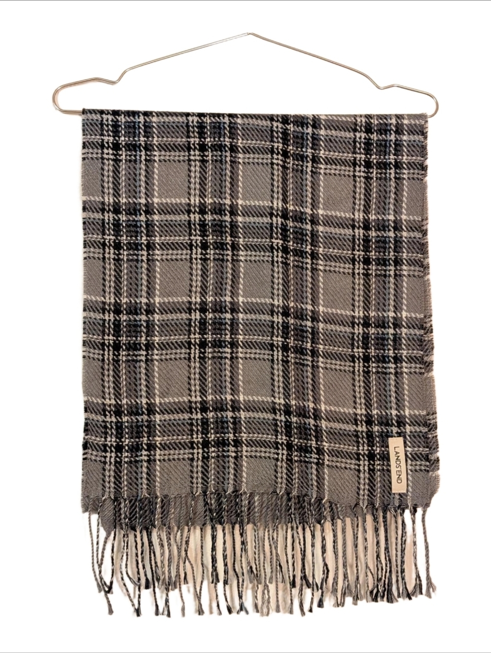 Lands' End Black and Gray Plaid Fringe Scarf